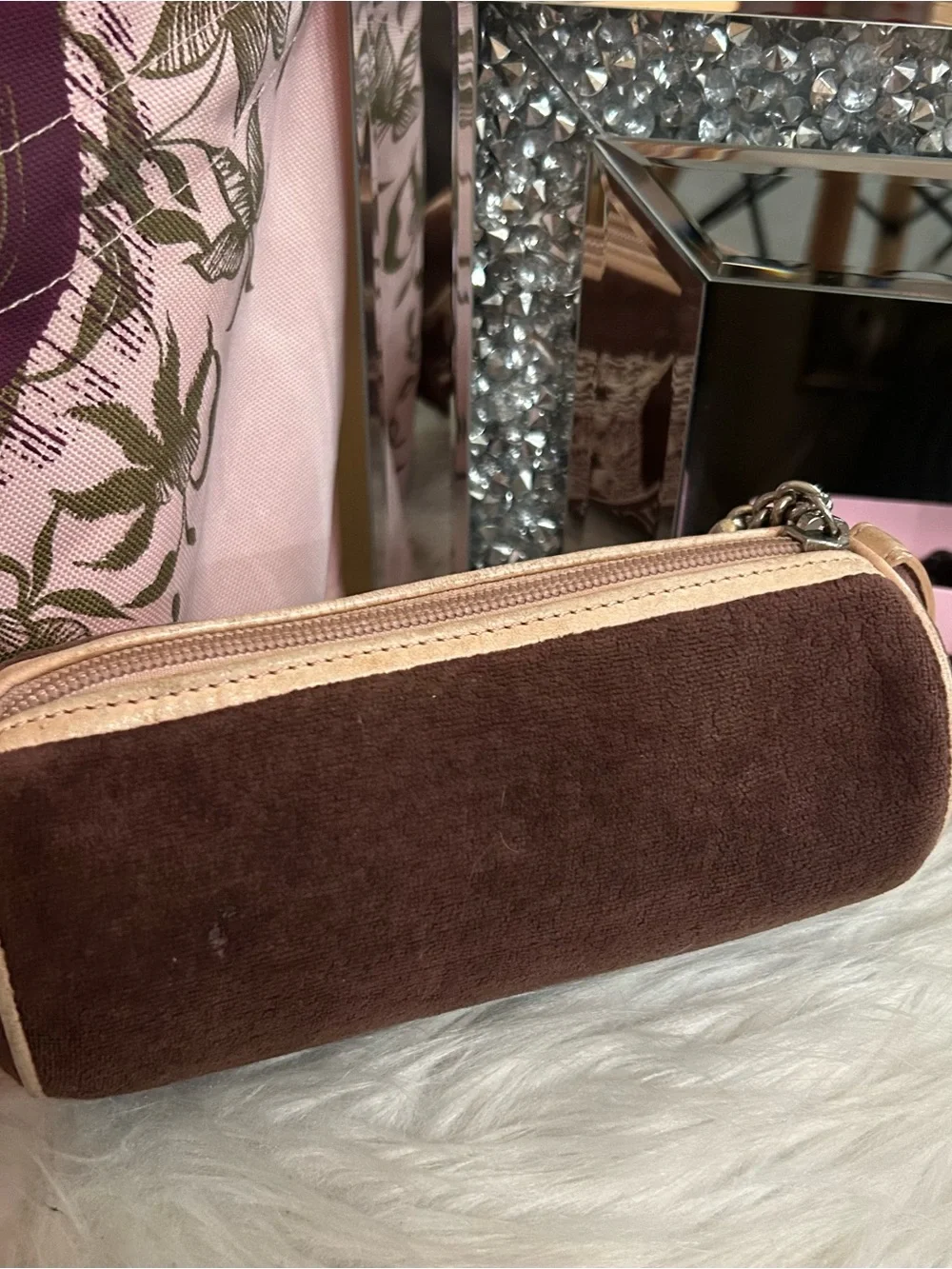 Vintage 2004 Juicy Couture Brown Velour Pink Leather Barrel Cosmetic Tootsie Bag